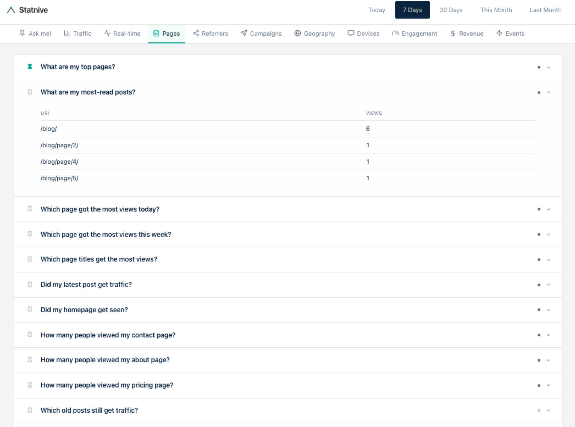 Statnive Ask me! Pages 标签页显示完整的热门页面列表以及单 URL 钻取视图